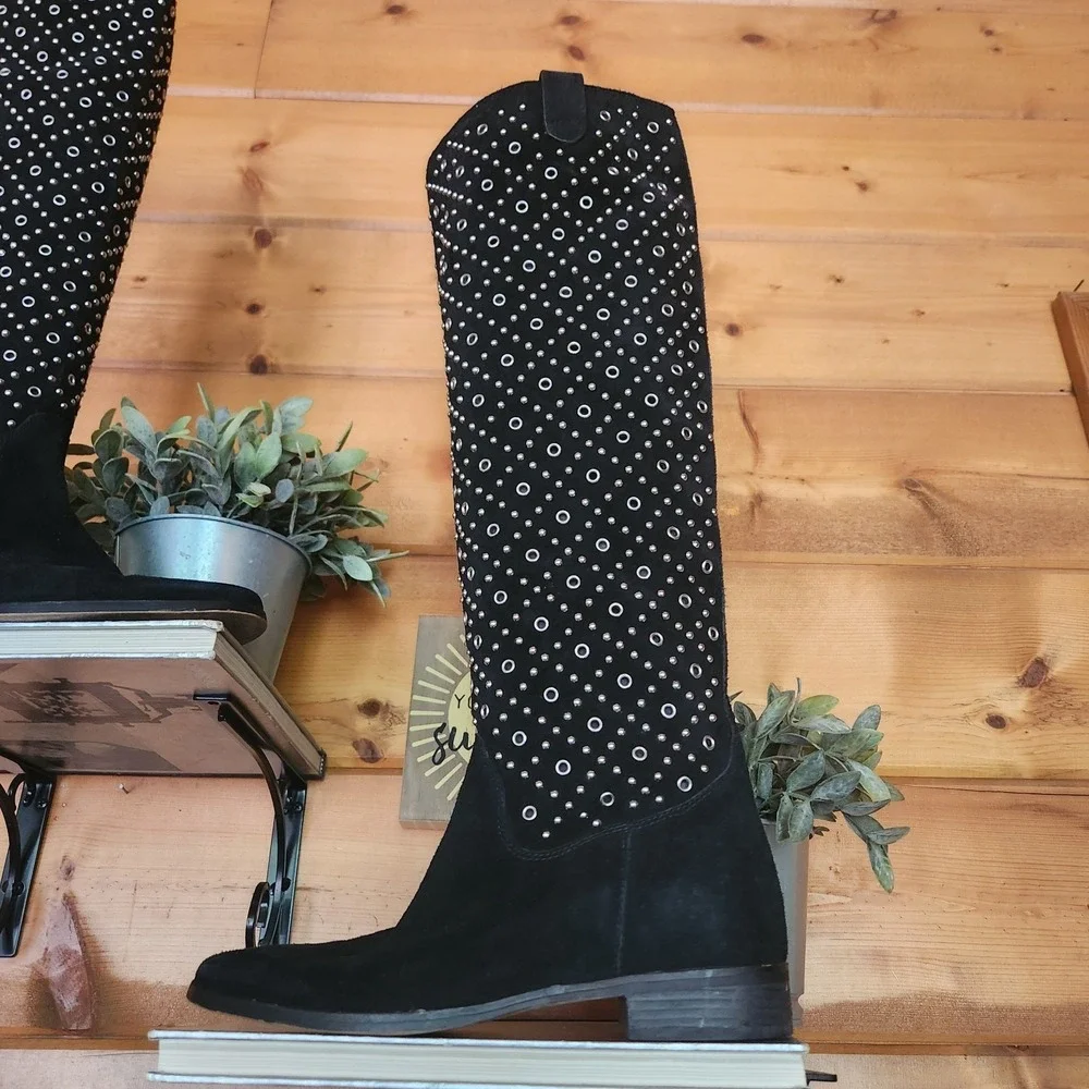 Michael Kors Sally Studded Flat Boot‎ Tall Suede Leather Embellished Moto Sz 8 M